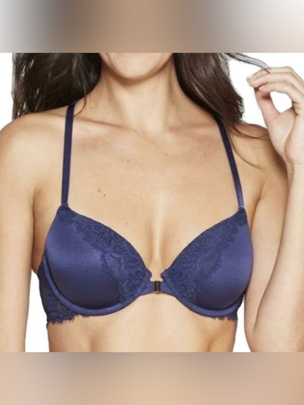 Auden Ace Lightly Lined Lace Racerback Front Closure Bra, Navy Blue, sz 34D